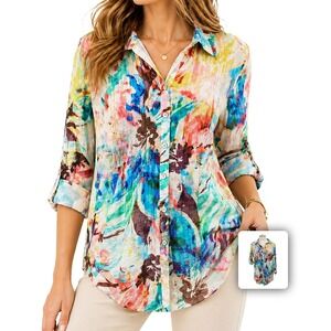 Alison Sheri Abstract Print Shirt Button Up Roll Tab Lightweight Office L